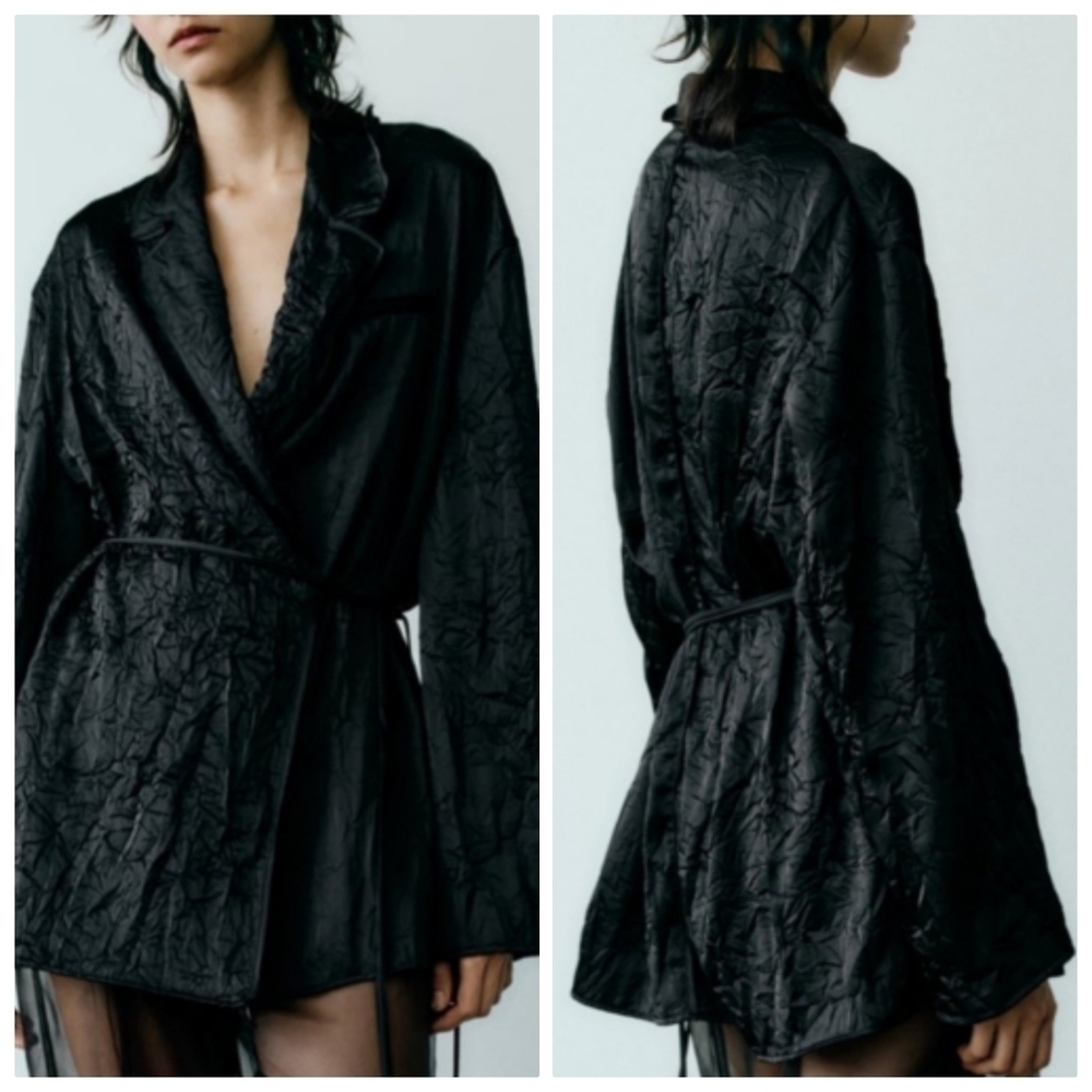 New Zara Collared Creased Satin Wrap Belted Kimono/Jacket/Top/Sleepwear XS-S